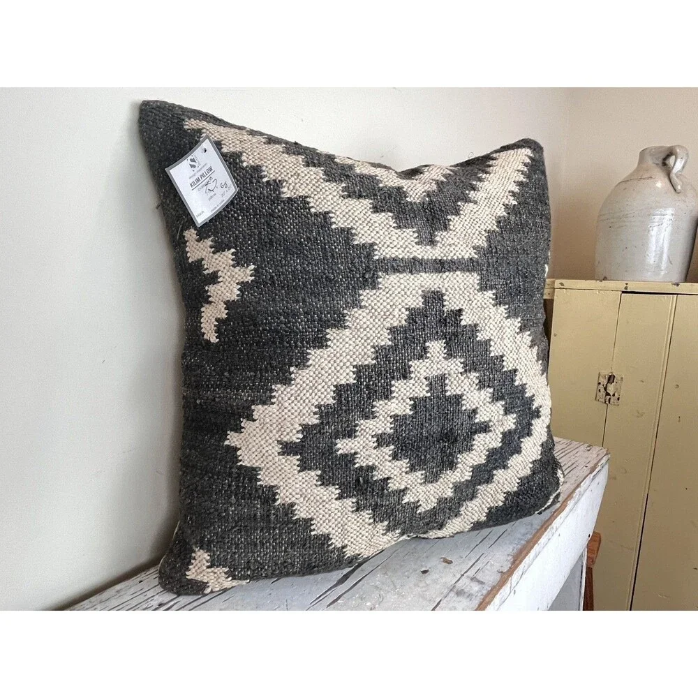 Vintage Bohemian Geometric Design Jute Linen Woven Throw Pillow 20”x 20” Modern